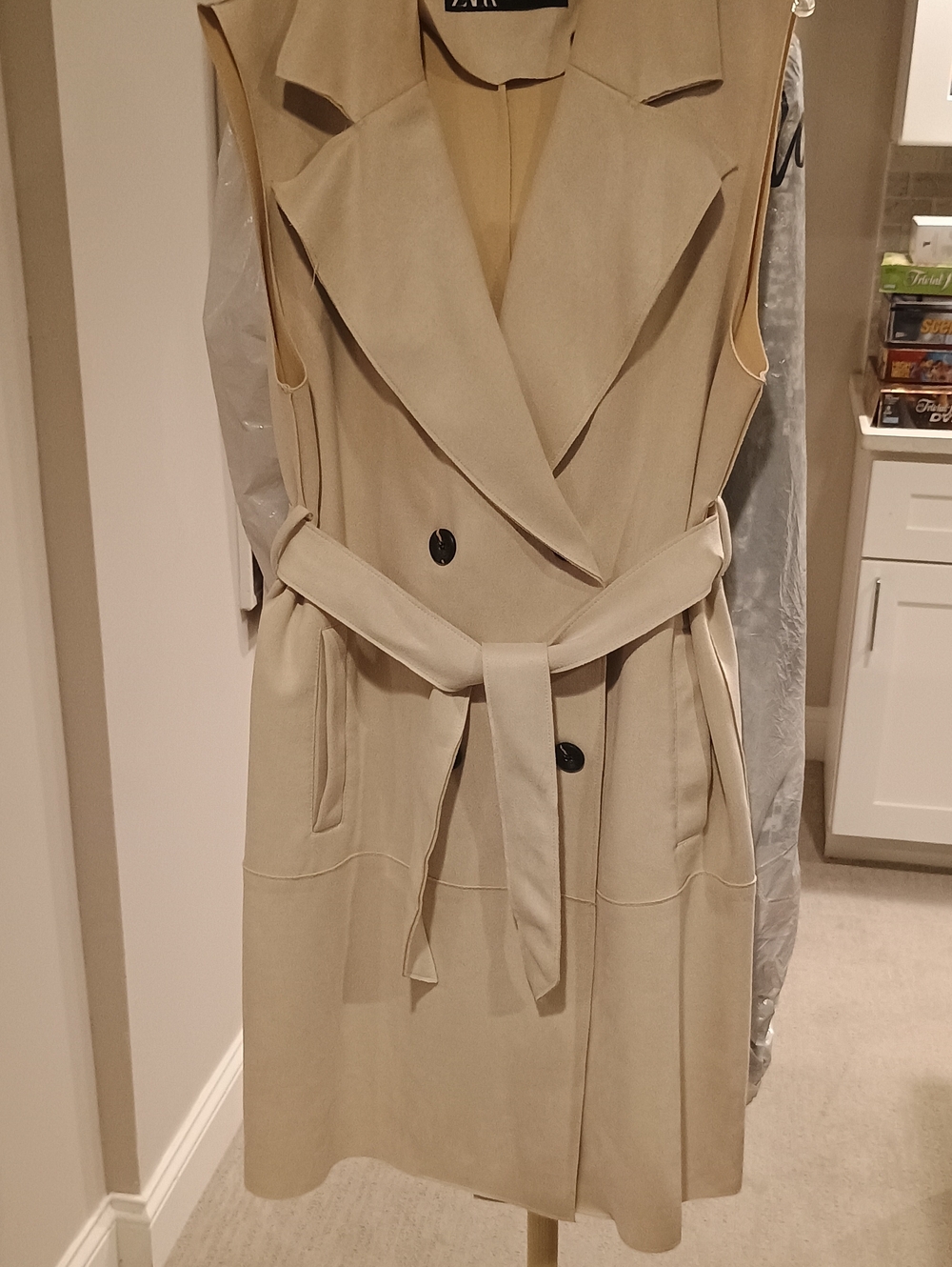 Zara Beige Sleeveless Trench Vest with Black Label - Picture 1 of 6